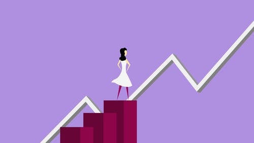 graphic of a woman standing on the tallest bar in a bar graph against a background of a line graph going upwards
